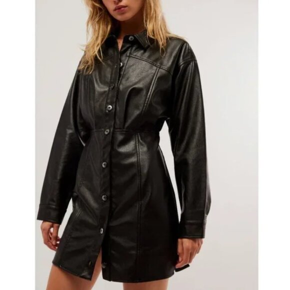 Free People Dresses & Skirts - NWT Free People Amber Vegan Leather Long Sleeve Mini Dress Size 4 Black